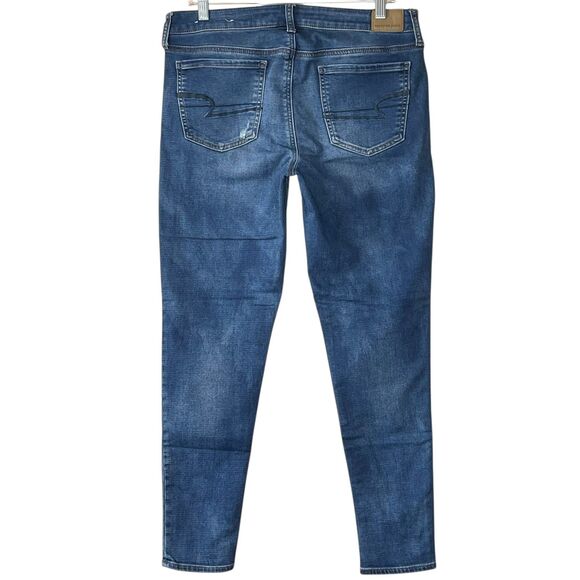 American Eagle Jegging Super Stretch Size 12 Medium Wash Distressed Patches AE - Picture 4 of 9